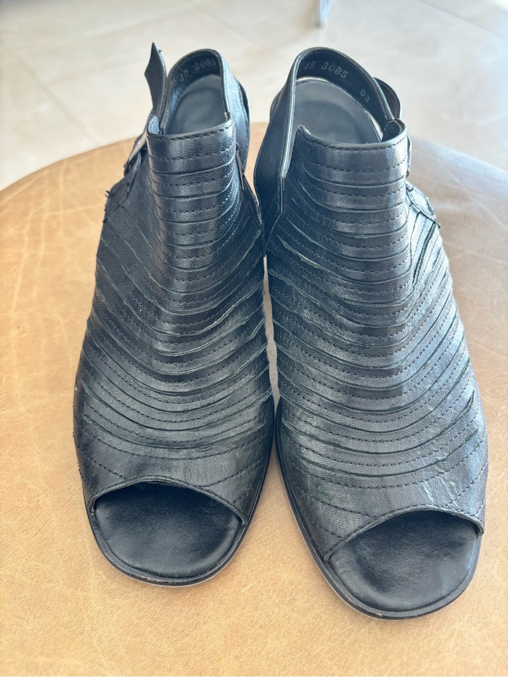 Paul Green Black Peep-Toe Layered Leather Mules